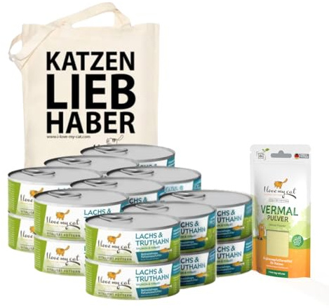 I Love My Cat Sparset für ernährungssensible Katzen, Nassfutter Truthahn & Lachs getreidefrei 18 x 100 g, Vermal Pulver 35 g, Jutebeutel, für empfindliche Verdauung