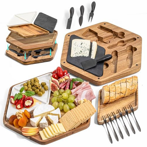 BELLE TERRE Juego de tablas de queso, tablas de embutidos de madera para servir queso, galletas, carne, aceitunas, tabla de servir para regalo, entretenimiento y fiestas, plato de queso de madera con
