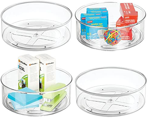 mDesign Lazy Susan Ordnungssystem für den Schreibtisch – praktischer Schreibtischorganizer mit hohen Seitenwänden – drehbarer Stiftehalter fürs Büro und den Haushalt – 4er-Set – durchsichtig