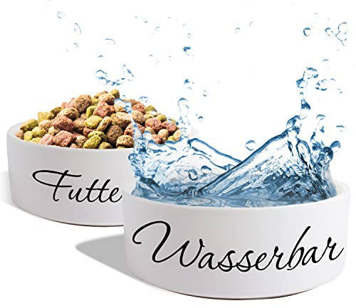 Keramik Doppelnapf „Wunschtext 1-zeilig“ für Hunde & Katzen - personalisiertes Napf-Set mit/ohne Ständer| Hundenapf Futternapf Fressnapf | große kleine Vierbeiner Futterstation (2X 1300ml)
