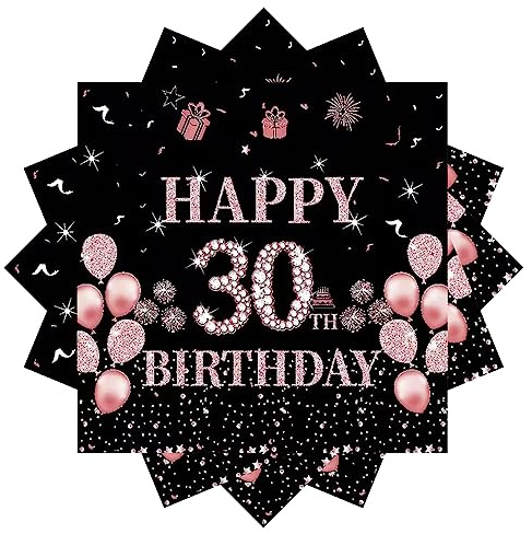 Servietten 30 Geburtstag,20Stück Papierserviette Geburtstag,33 x 33 cm Geburtstagsservietten,Schwarz Rosé Gold Tischdekoration für Party Geburtstag,Happy 30th Birthday Paper Napkins für 30. Geburtstag