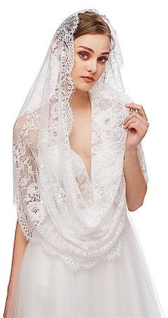 GIBZ Damen Infinity Spitze Schleier Vintage Mantilla Kopfbedeckung Schal Stola für Hochzeit Kirche Kapelle, Weiß