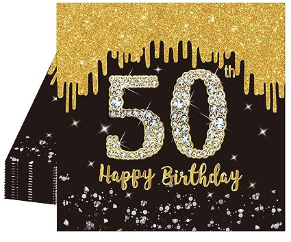 POPOYU 20 Stück Schwarz und Gold Papier Party Servietten Tischdeko 50. Geburtstagsdeko Servietten Hochwertige Papierservietten für Mann Frau Geburtstag Party Deko Partyzubehör zum Thema Schwarz Gold