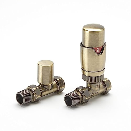MILANO Gold Thermostatic Straight Towel Rail Radiator Valve Lockshield