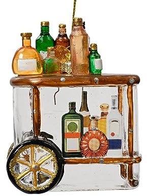 Kaemingk Christbaumschmuck Glas Barwagen 10cm braun - Weihnachtsanhänger Servierwagen Bar