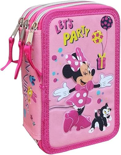Estuche de 3 compartimentos Minnie Mickey Mouse 3 Zip Niña Estuche Escuela Primaria Disney Estuche Elementario Bolsillo Cremallera Organizador Colores Carioca Lápices Marcadores Reglas Sacapuntas Goma