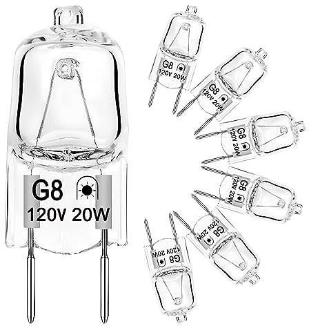 G8 Halogen Bulb 20W 120V T4 JCD Type G8 Base Bi-Pin Xenon Light Bulbs, Dimmable with Long Lasting Lifespan, G8 Halogen Light Bulbs for Under Cabinet Puck Lighting Replacements, Warm White, 6 Packs
