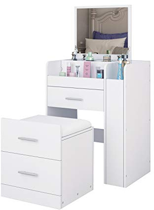 Schminktisch mit Hocker und Klappbar Spiegel, 2 in 1 Kosmetiktisch mit LED Beleuchtung, 2 Schubladen und Fächern für Schlafzimmer Weiß