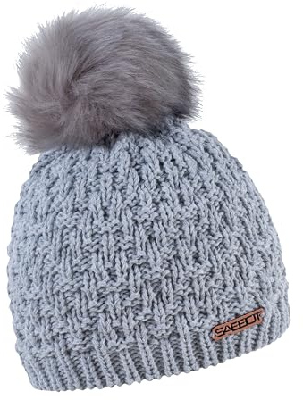SABBOT Schick Damen Mütze mit Pelzbommel, Fleece-Futter, Wintermütze, Modernes Strickmuster, Warme Kappe (Hellgrau)