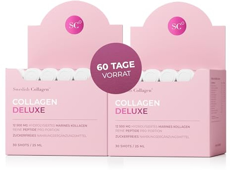 Swedish Collagen Deluxe | Supplément liquide de collagène marin hydrolysé 12 500 mg - 60 doses quotidiennes de 25 ml (2 paquets de 30 capsules chacun) | Acide hyaluronique biotine et vitamine C pour