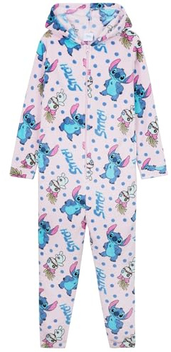 Disney Stitch Jumpsuit Mädchen, kuscheliger Onesie mit Kapuze - Geschenke für Kinder (Mehrfachstich, 9-10 Jahre)