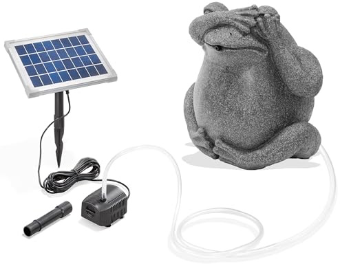 Esotec Solar Wasserspeier Set sitzender Frosch Solarbrunnen Garten 101666 | 5Wp Solarmodul, 250l/h Pumpe, Polyresin Frosch, IP68, Trockenlaufschutz, Durchflussregler, Wasserstrahl 30cm, 5m Kabel