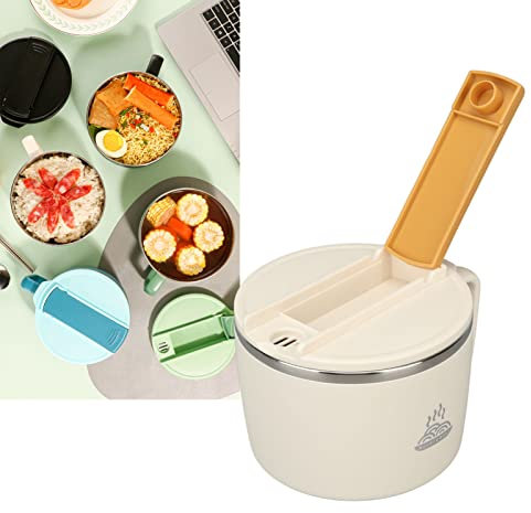 BAFOVY Stainless Steel Double Layer Noodle Bowl, Stainless Sel Noodle Bowl with Cpsticks, BOL Ramen INOX with Phone Slot, Lid, Fast Cooking, Large, Home, Dorm, School, Picnic, 1200Ml (White)