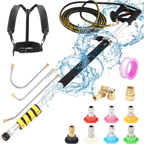 MTAW XEK Pressure Washer Extension Wand 24 Feet with Telescoping Pressure Washer Wand, Gutter Cleaner, 7 Spray Nozzle Tips, Pivoting Coupler, 2 Hose Adapters and Support Belt