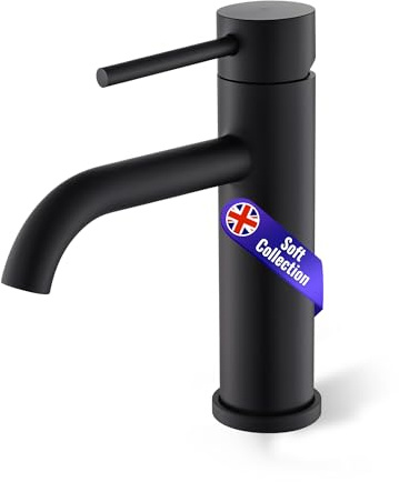 Soft Collection Sienna Bathroom Basin Mixer Tap,Premium Improved Quality Matte Black, Hot & Cold Controls, Leak-Resistant, 1-Hole Deck Mount Tap UK Standard, Supports TeamWater with Every Purchase
