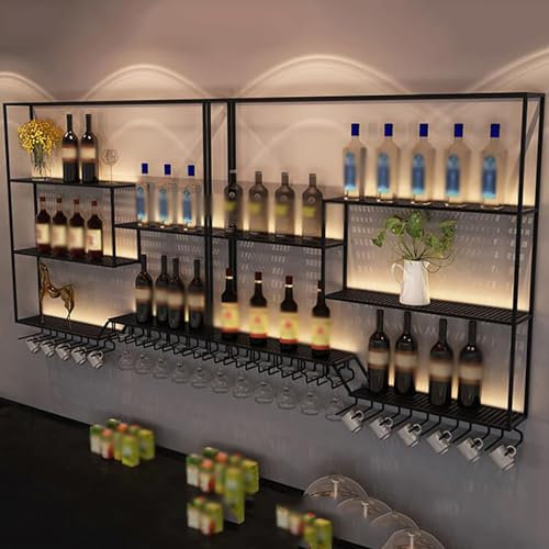ICEMOB Industrial Botellero Vino,Botellero Pared Metal con Luz LED,Multifunción Vinotecas,Copa Colgante Al Revés,Muebles Bar para Salon,Creatividad Almacenar Botellas,200CM