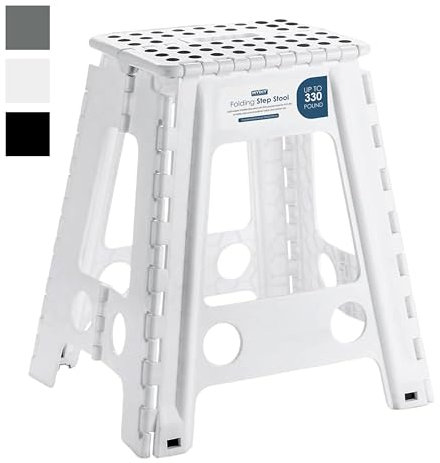 MY DIY Folding Step Stool 17 Inch (45cm) Lightweight Heavy Duty Strong Plastic Stool For Kids & Adults With Easy Carry Handle 150KG Weight Capacity Portable Footstool (White)