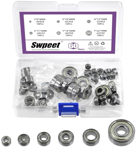 Swpeet 60Pcs 6 Sizes 693ZZ, 623ZZ, 624ZZ, 685ZZ, 687ZZ,627ZZ Ball Bearings Assortment Kit, Carbon Steel Deep Groove Bearings, Double Shielded Bearings