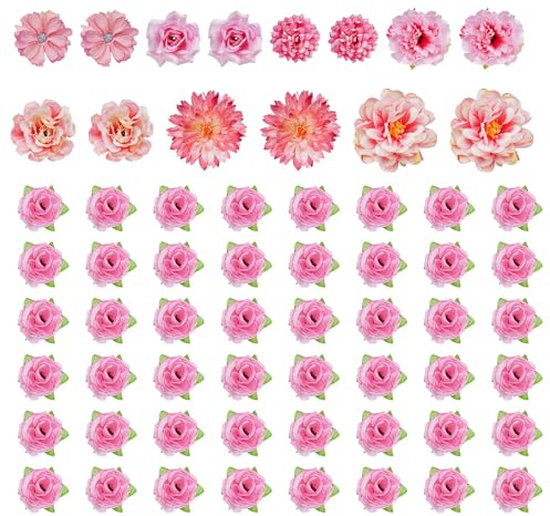 jiebor 60Pcs Mini Faux Flower Heads Small Artificial Tiny Fake Silk Fabric Roses Flower Heads Bulk for Crafts DIY Graduation Cap Party Home Wedding Decor (Pink)