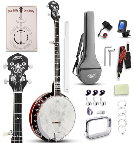 AKLOT Full-Sized Banjo with Remo Head: 38’’ 5 String Banjo Set with Removable Resonator, Geared 5th Tuner, 24 Brackets, Deluxe Beginner Kit with Gig Bag, Strings, Strap, Picks, Tuner, Bridge Ruler