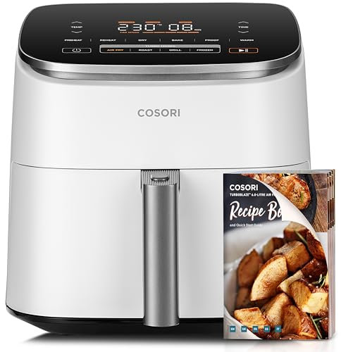 COSORI Friggitrice ad Aria Turbo Blaze 6L (1,36Kg), Air Fryer con DC Motore, 9 Funzioni & 5 Velocità della Ventola Automatica, 110 Ricette & 96 Tabelle di Cottura degli Ingredienti, 1725W, Bianco