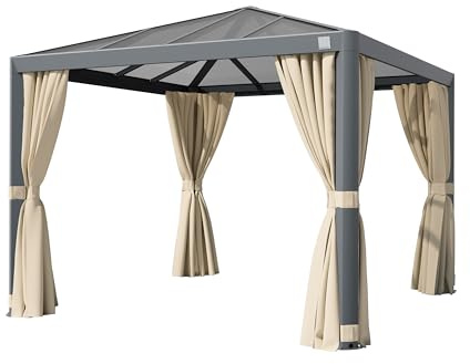 PRIMEYARD Gartenpavillon 3x3 m mit Polycarbonatdach - Hardtop Pavillon mit 4 Seitenteilen in Champagner