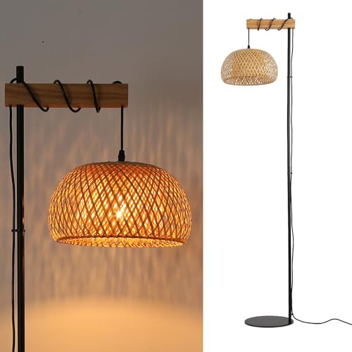 Alpinaluz Lampadaire en osier naturel, structure noire et bois, hauteur 157 cm, E27, style bohème moderne, interrupteur à pied, base ultra fine