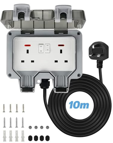 Double Outdoor Socket with 10m Extension Lead, IP66 Waterproof 2 Gang Storm Switched Power Socket Box, 13Amp Wall Electrical Outlets with Cover, Switch Indicator Light, for Outside Garden Garage