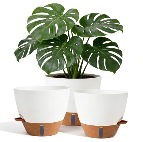 Nuotuv 8/9/10 Inch Large Self Watering Pots, Plastic Flower Pots with Multi Mesh Drainage Holes and Water Level Indicator & Deep Reservoir for Indoor Outdoor Garden Plants and Flowers (White)