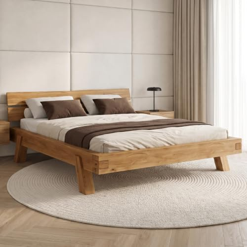 skølm Hervar Massivholzbett aus Wildeiche 180x200 cm – hochwertiges Bettgestell aus Naturholz – massives Holzbett mit Bettkopf – Bettrahmen geeignet als Doppelbett – Balkenholz Bett