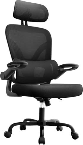 naspaluro Ergonomischer Bürostuhl mit Dynamischer Lordosenstütze, Schreibtischstuhl mit 3D-Kopfstütze, Hochklappbaren Armlehnen, Atmungsaktivem Netzbezug, 360° Drehstuhl für das Homeoffice, Schwarz