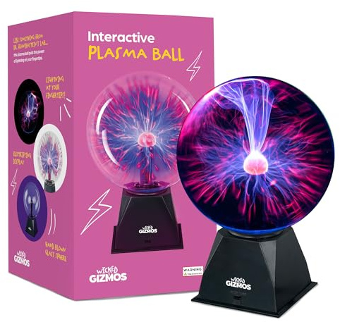 WICKED GIZMOS 8 Magic Plasma Ball – Touch Sensitive Van De Graaf Glass Lightning Sphere - Classic Novelty Retro Fun Valentines Toy for Him Gadget Gift Lamp