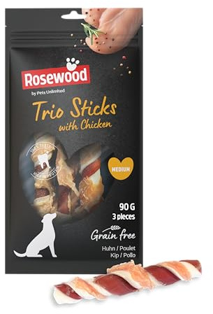 Rosewood Trio Sticks Pollo Medium – Bastoncini da masticare per cani, con pollo e pelle di manzo, per la cura dentale, senza cereali né glutine, senza additivi artificiali, 90 g