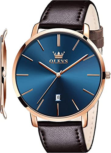 OLEVS Mens Wrist Watches Ultra Thin 6.5mm Minimalist Brown Leather Blue Dial Watch Business Dress Waterproof Date Slim Watch for Men