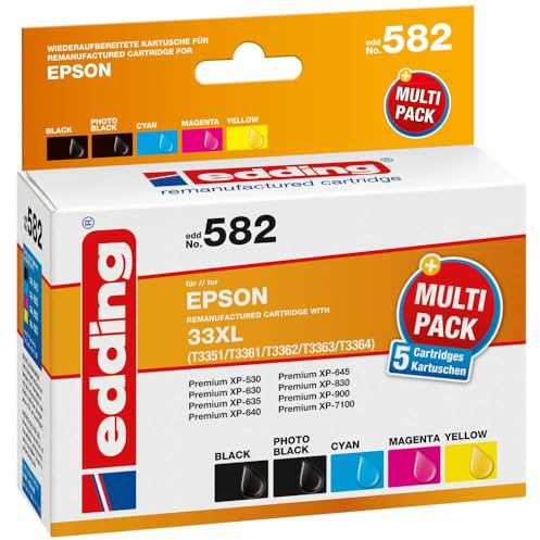 edding Druckerpatrone EDD-582 - Multipack 5 - Schwarz, Foto-Schwarz, Cyan, Magenta, Gelb - 1x 15 ml + 4x 11 ml - Reichweite 2x 640 3x 650 Seiten - Ersetzt Epson T33XL (T3351/61/62/63/64)