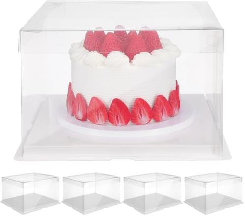 Cabilock Transparent Cake Packaging Boxes 5-Pack Clear Birthday Cake Boxes Organizer with White Base Single Layer Large Bakery Boxes for Home Dessert Shops Parties