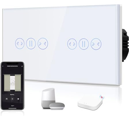 BSEED Intelligent WIFI Interrupteur Tactile de Volet Roulant, Nécessite Un Fil Neutre, Interrupteur Mural en Verre, Double 1 Gang 1 Voie Blanc, Compatible avec Alexa/Google