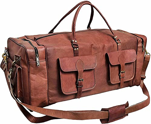 Reisetasche aus echtem Ziegenleder, groß, handgefertigt, Fitnessstudio, Wandern, Vintage-Stil, Braun, Braun, 26(L), 9(D), 12(H)