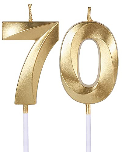 Gold 70th Birthday Candles for Cakes, Number 70 7 Glitter Candle Cake Topper for Party Anniversary Wedding Celebration Decoration