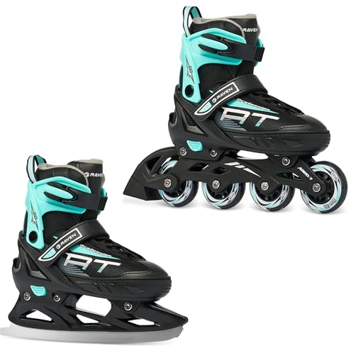 RAVEN Profession Inlineskates Inliner für Kinder und Erwachsene OPTIONAL 2in1 mit Schlittschuhen verstellbar (Black/Mint mit Kufen, 38-42 (25cm-27,5cm))