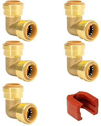 QuickFitting 3/4 Inch 90 Degree Elbow, Push to Connect Brass Plumbing Fitting with Slip Clip Disconnect Tool, for Copper, PEX and CPVC, 5 Pack
