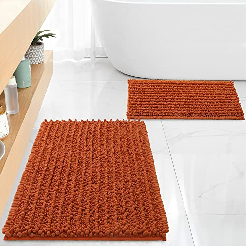 FLOLEOPA Luxury Chenille Burnt Orange Bathroom Rugs Bath Mats Sets, Extra Soft and Absorbent Bathroom Rugs Non Skid Machine Wash Dry Bath Mats（32x20 Plus 17x24）