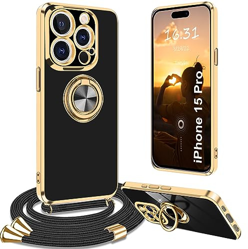 Yutwo Handykette iPhone 15 Pro Hülle Mit Band, Stoßfeste Schutzhülle Mit Kette Ständer, Schwarz