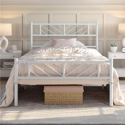 Yaheetech Base para Colchón de 90 x 190 cm Cama Individual de Metal con Cabecera Estilo Moderno Espacio Inferior de 32 cm Plataforma Bed Frame Blanco