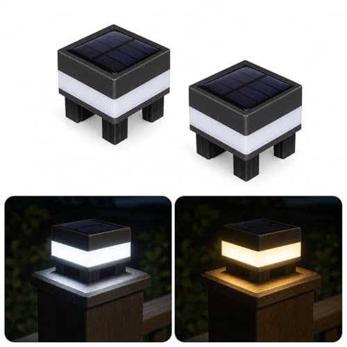 UKCOCO 2 Stk Solar Pfostenleuchten Outdoor - IP55 Wasserdicht Zaunlampen für 6.5x6.5cm Pfosten, Led Solarleuchten für Garten & Terrasse, Kaltweiß/Warmweiß