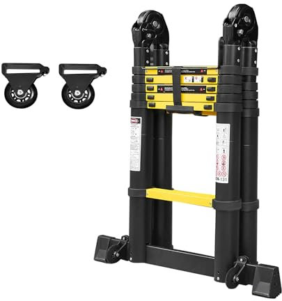 YRHome 3.8m (1.9m+1.9m) Teleskopleiter Klappleiter Stehleiter Schiebeleiter Mehrzweckleiter Ausziehbar Anti-Rutsch Tragbare Leiter 150 kg Belastbarkeit Schwarz