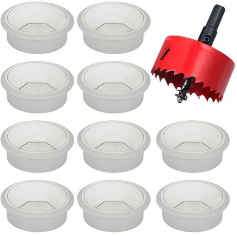 Hejo 10 stycken kabelgenomföring för bord, 60 mm kabelutlopp med 1 borrsåg, rund kabelgenomföring för bord, skrivbord och bänkskivor, grå