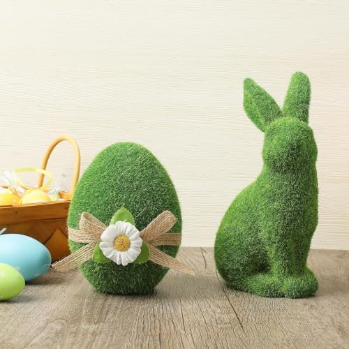 HAUSPROFI Figura decorativa de huevo de Pascua y conejo – Huevo de Pascua verde musgo y conejo – Decoración de mesa – Figuras perfectas para Pascua – Juego de 2 (huevo 12 cm conejo 20 cm) – Regalo