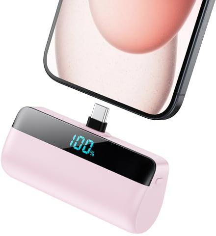 Feob Mini Power Bank 5200mAh für iPhone 16/15 Serie, PD Schnellladung Powerbank USB C Externer Akku mit LCD-Display, Kompatibel mit iPhone 16/15 Plus Pro Max,Samsung S24,USB C Android Telefone - Rosa