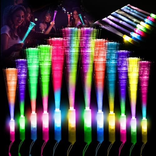 12 Stück Bunte Leuchtstäbe Glasfaser -LED Leuchtstab mit Batterie, Geschenk-Spielzeug für Kinder partys, geeignet für Nachtpartys, Discos, Konzerte, Weihnachten, Club, Karneval, Hochzeiten (Bunte2)